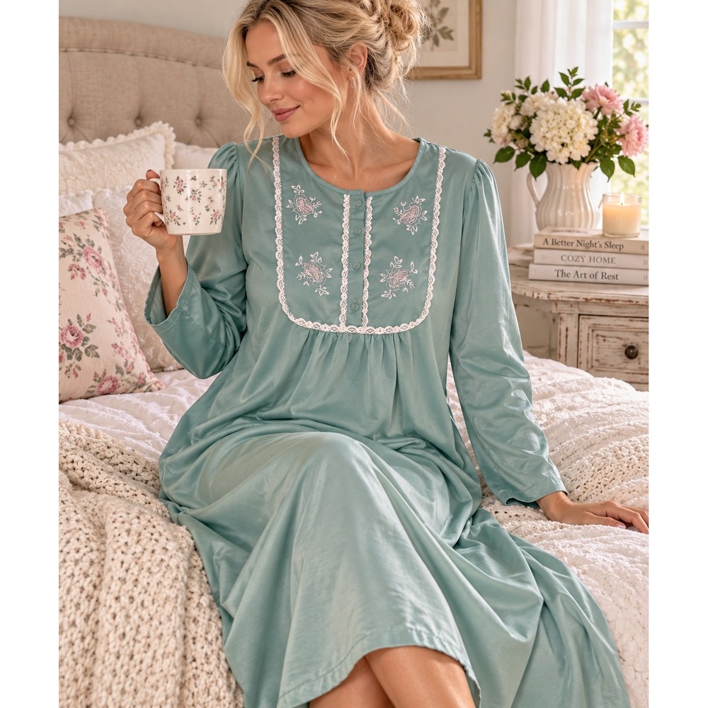 Carole Hochman Nightgown Womens L Seafoam Embroidered Roses Lace Cottagecore